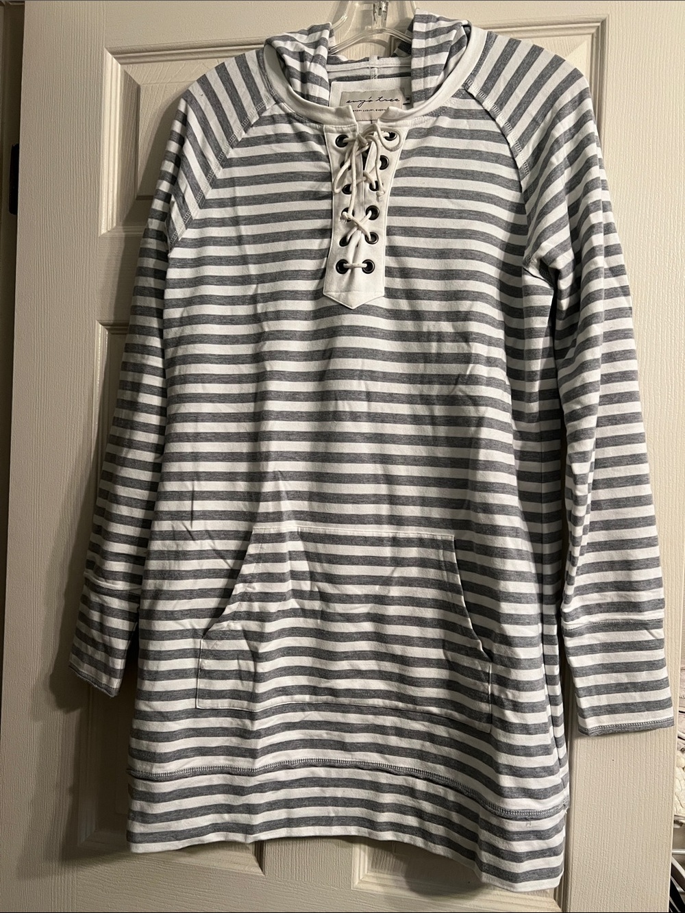 Evy's Tree Brooke Gray and White Striped Lace-Up Tunic Hoodie